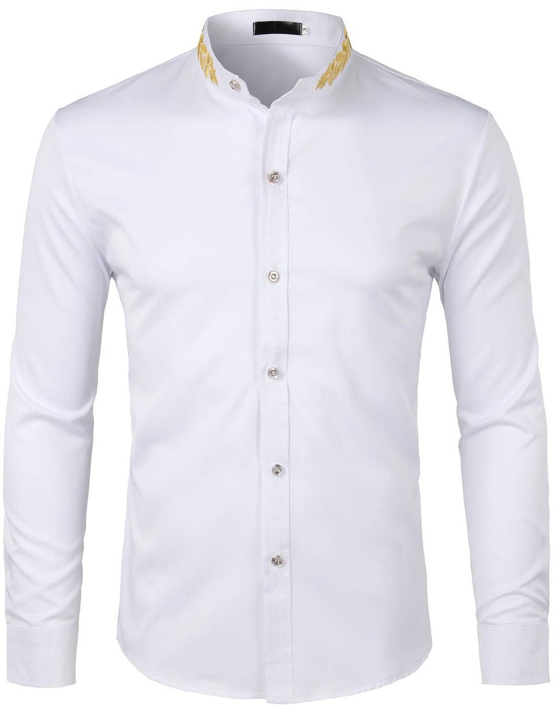 ZEROYAA Mens Hipster Gold Embroidery Mandarin Collar Slim Fit Long Sleeve Casual Dress Shirts Z52 White Large - Image 3